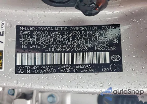 2019 Toyota Prius Prime Le z USA, uszkodzony, nr VIN JTDKARFP6K3109983